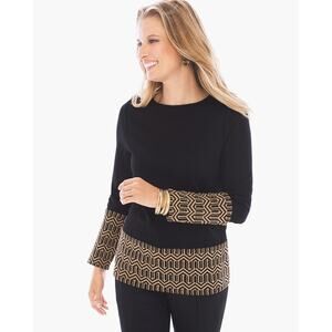 Chico's Women's Black & Tan Blocked Jacquard Long Sleeve Top Size 0/Small
